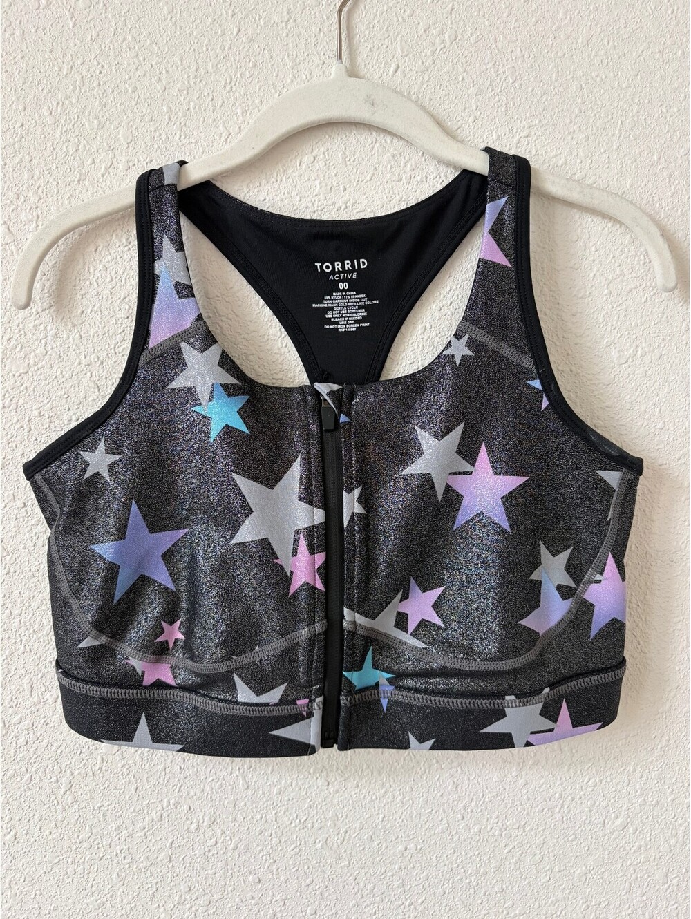 Torrid Active Grey Shiny Stars Zip Front Sports Bra Size 00 US 10 Sporty